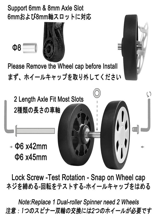 FSATNDE Suitcase Spinner Replacement Set of 8PC 60mm Rubber Wheels & 2Size Axles Mute Flexible Smooth for Damaged Luggage Trolley Caster Repair - Image 4